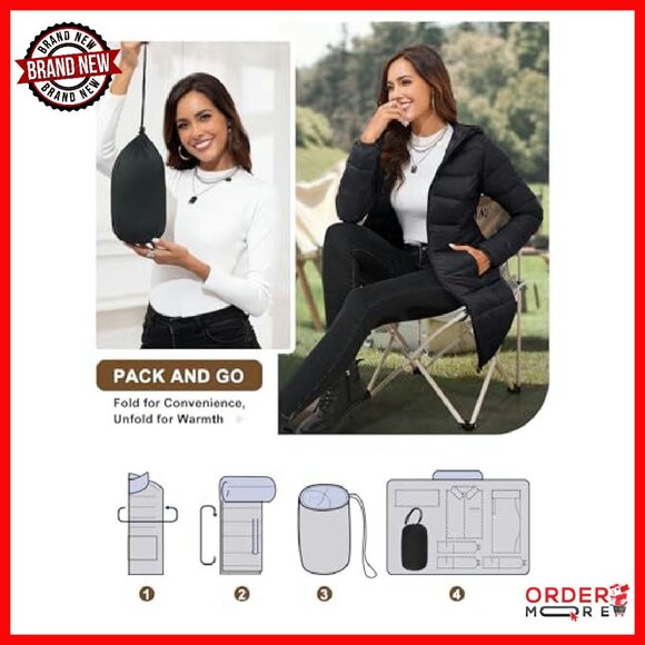 Lightweight Packable Puffer Jacket Hooded Mid-Length Winter Coat - Picture 7 of 8